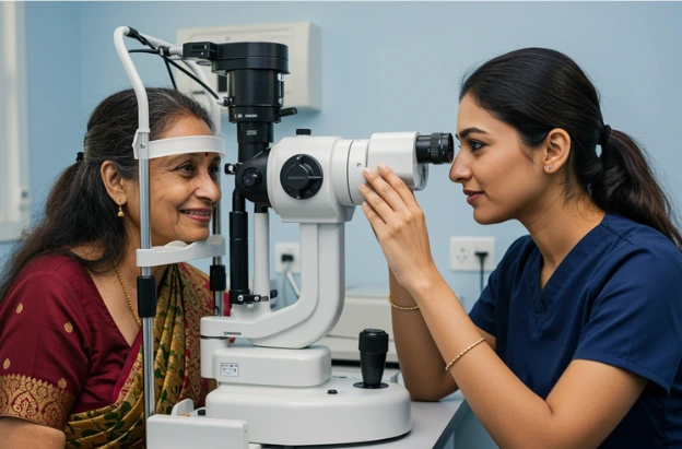 Eye doctor examines cataract patient for treatment in Chennai